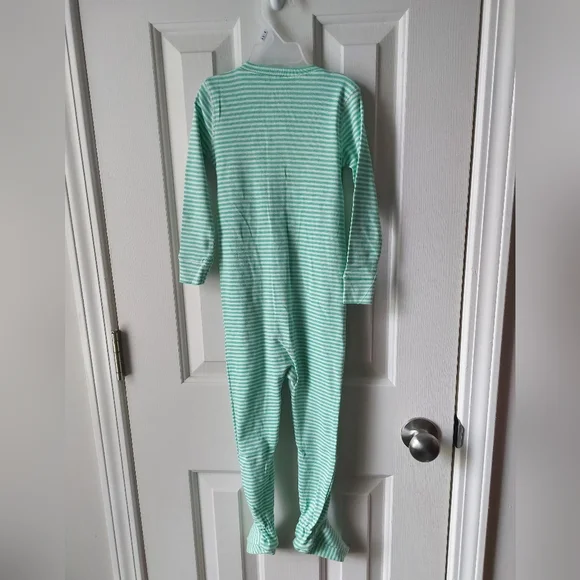 Primary - NWT Footed Pajamas Zip-Up Sleepers Green & White Stripe Organic Cotton - Picture 3 of 3